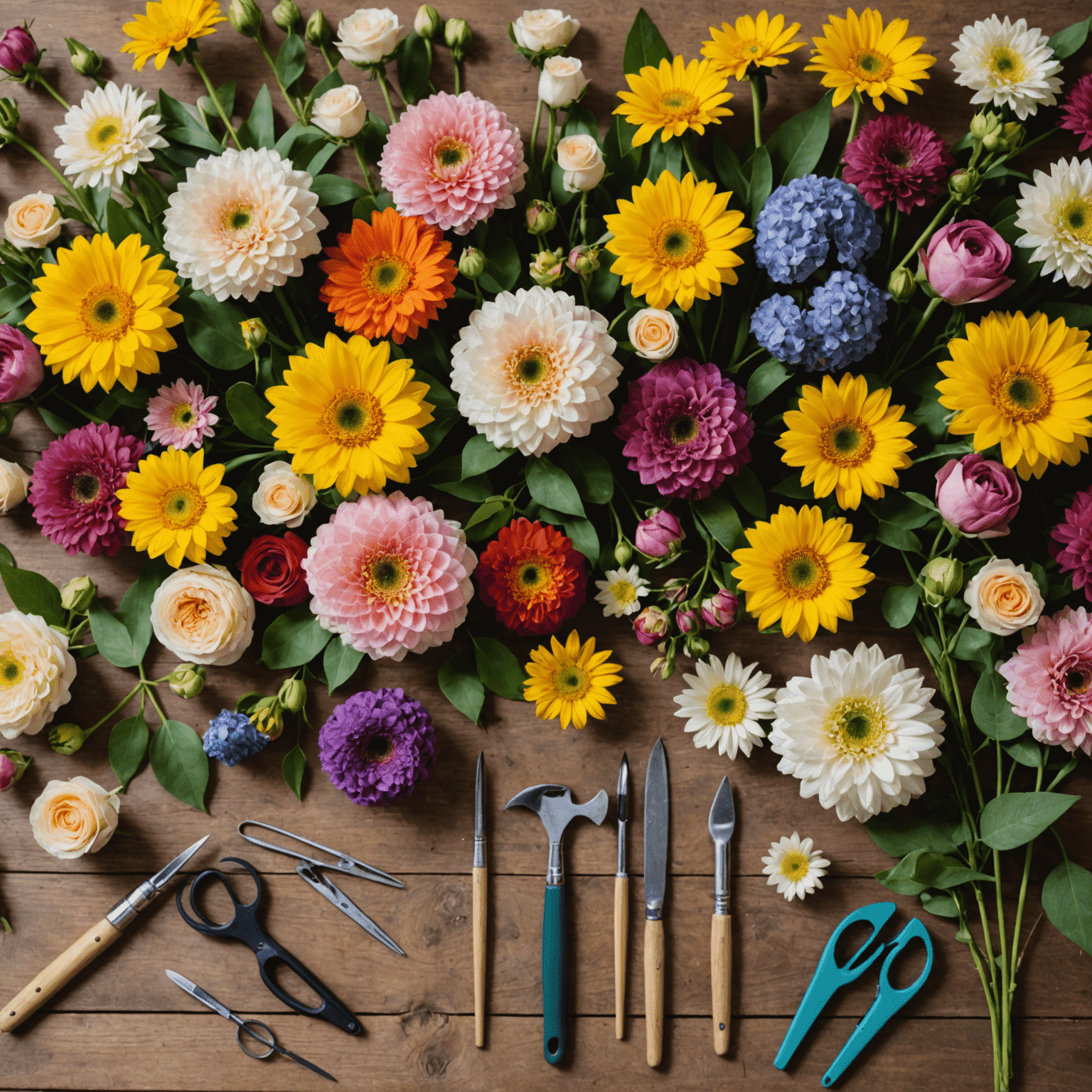 Various colorful flowers arranged on a table with floristry tools, representing different levels of floristry courses