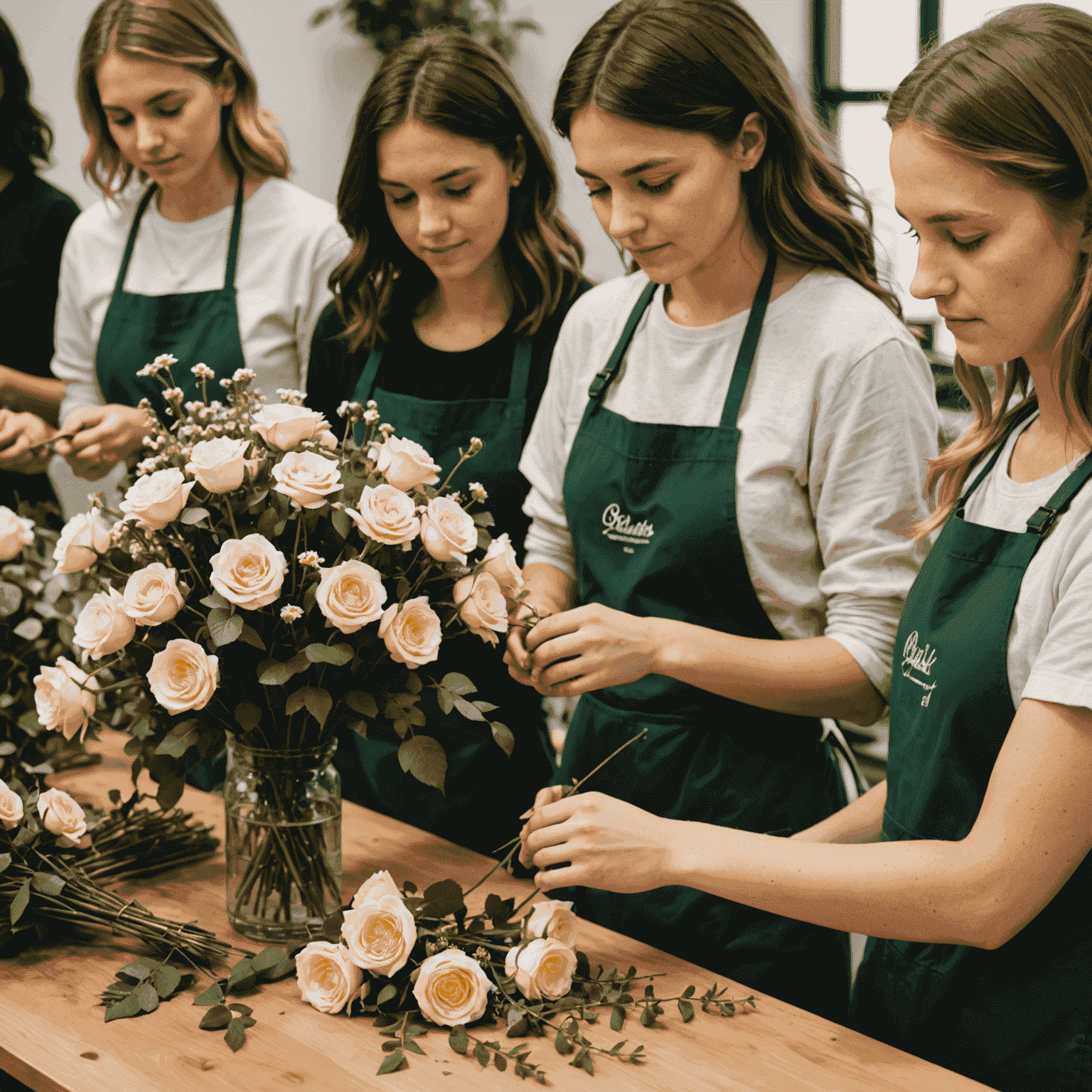 A group of students learning basic flower arranging techniques, working with roses, daisies, and greenery
