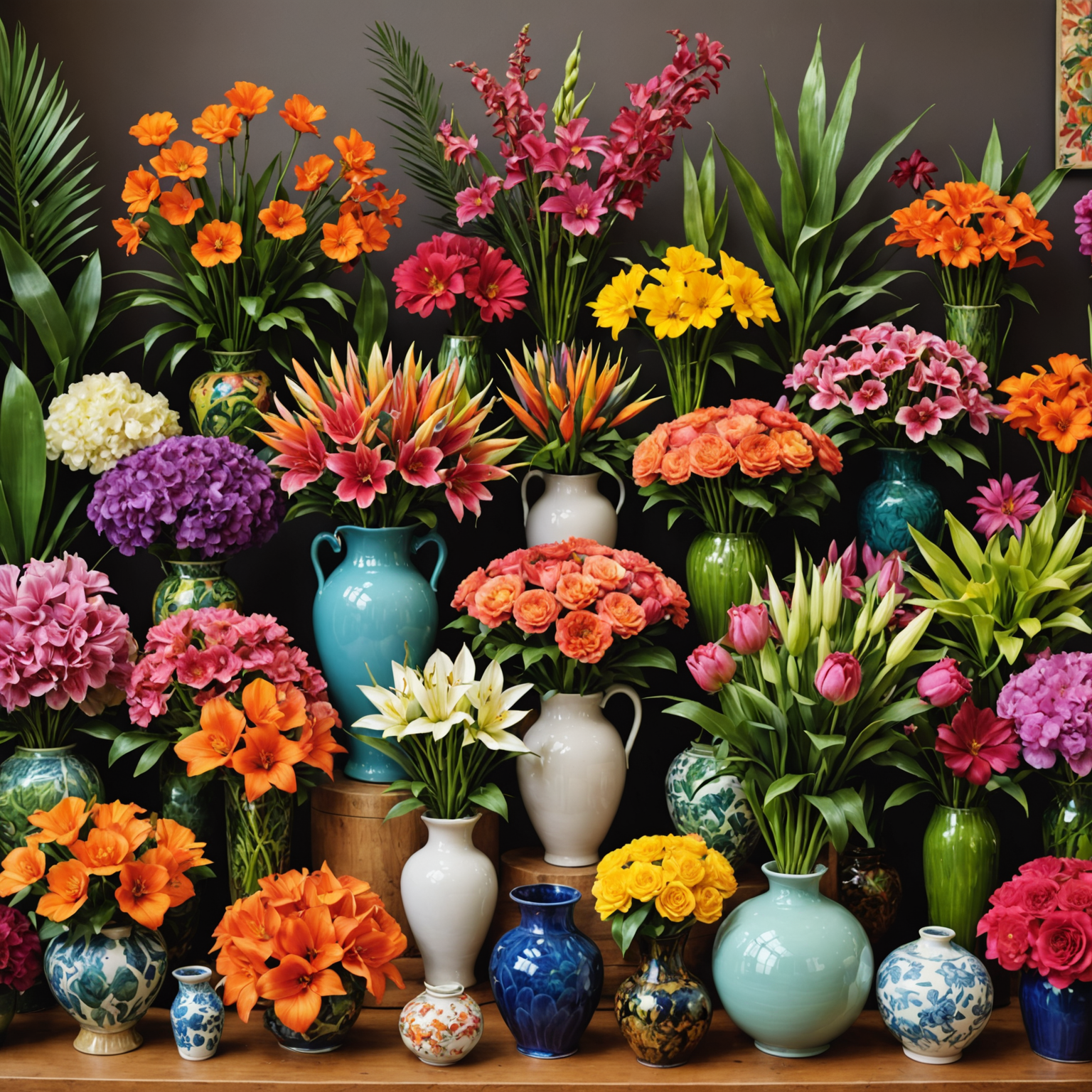A colorful array of exotic flowers and arrangements in Sarah Bloom's Los Angeles flower shop, showcasing her unique style and inspiration